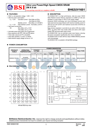 BH62UV1601 datasheet - Ultra Low Power/High Speed CMOS SRAM