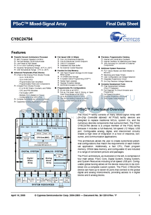 CY8C24794-SPAX datasheet - PSoCTM Mixed-Signal Array