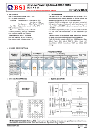 BH62UV4000 datasheet - Ultra Low Power/High Speed CMOS SRAM 512K X 8 bit