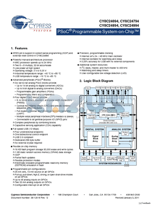CY8C24894 datasheet - PSoC Programmable System-on-Chip Low power at high speed