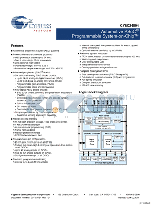 CY8C24894 datasheet - Automotive PSoC Programmable System-on-Chip Low power at high speed