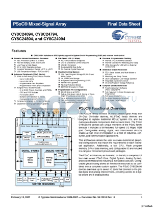 CY8C24894-24LFXI datasheet - PSoC^ Mixed-Signal Array