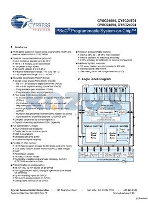 CY8C24994 datasheet - PSoC Programmable System-on-Chip Low power at high speed