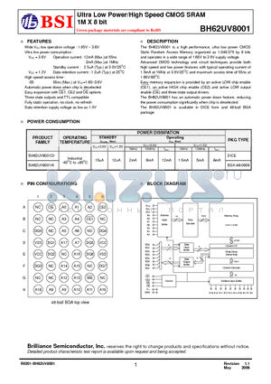 BH62UV8001AI55 datasheet - Ultra Low Power/High Speed CMOS SRAM 1M X 8 bit