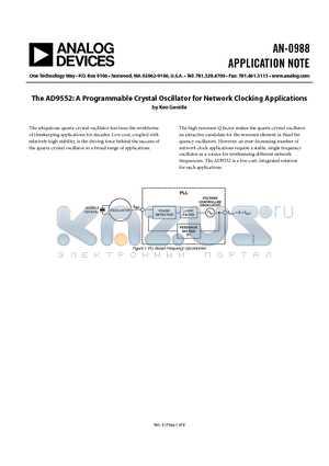 AN-0988 datasheet - The AD9552: A Programmable Crystal Oscillator for Network Clocking Applications