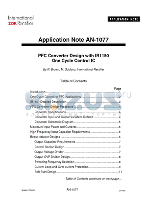 AN-1077 datasheet - PFC Converter Design with IR1150 One Cycle Control IC