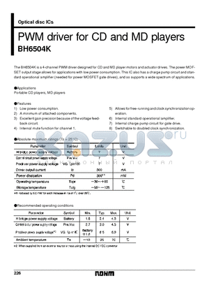 BH6504K datasheet - PWM driver for CD and MD players