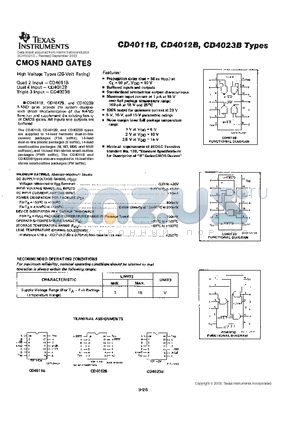 CD4011BM96 datasheet - The CD4011B, CD4012B, and CD4023B types are supplied in 14-lead hermetic dual-in-line ceramic packages