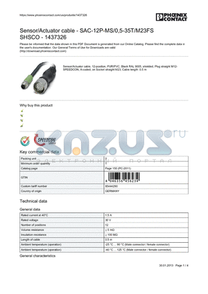 1437326 datasheet - Sensor/Actuator cable