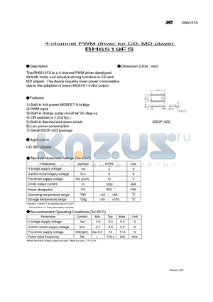 BH6519FS datasheet - 4-channel PWM driver for CD, MD player