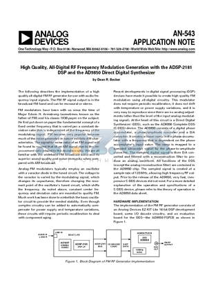 AN-543 datasheet - High Quality, All-Digital RF Frequency Modulation Generation with the ADSP-2181DSP