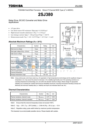 2SJ380 datasheet - Relay Drive, DC-DC Converter and Motor Drive Applications