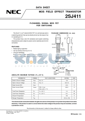 2SJ411 datasheet - P-CHANNEL SIGNAL MOS FET FOR SWITCHING