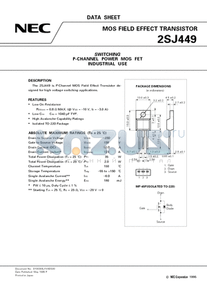 2SJ449 datasheet - SWITCHING P-CHANNEL POWER MOS FET INDUSTRIAL USE