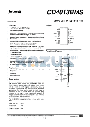 CD4013BMS datasheet - CMOS Dual D-Type Flip-Flop