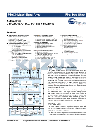 CY8C27643 datasheet - PSoC^ Mixed-Signal Array