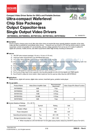 BH76909GU datasheet - Ultra-compact Waferlevel Chip Size Packeage Output Capacitor-less Single Output Video Drivers