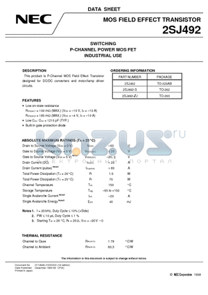 2SJ492 datasheet - SWITCHING P-CHANNEL POWER MOS FET INDUSTRIAL USE