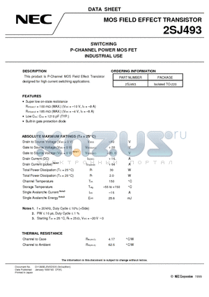 2SJ493 datasheet - SWITCHING P-CHANNEL POWER MOS FET INDUSTRIAL USE