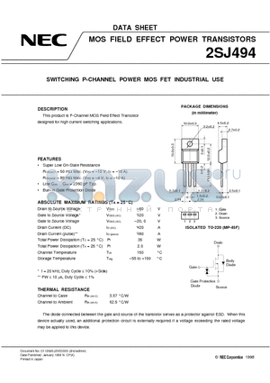 2SJ494 datasheet - SWITCHING P-CHANNEL POWER MOS FET INDUSTRIAL USE