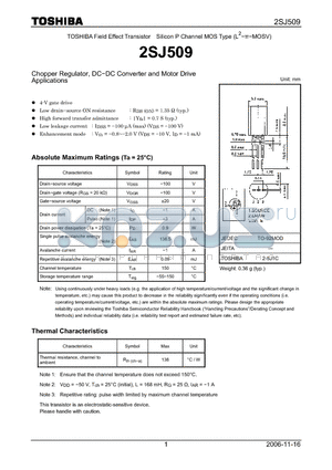2SJ509 datasheet - Chopper Regulator, DC−DC Converter and Motor Drive Applications
