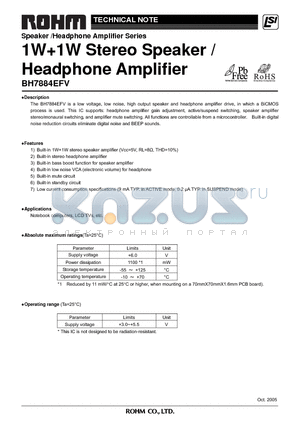 BH7884EFV datasheet - 1W1W Stereo Speaker / Headphone Amplifier
