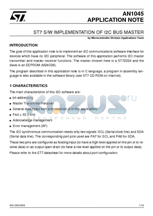AN1045 datasheet - ST7 S/W IMPLEMENTATION OF I2C BUS MASTER