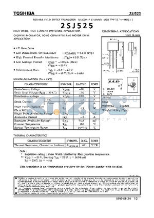 2SJ525 datasheet - P CHANNEL NOS TYPE (HIGH SPEED, HIGH CURRENT SWITCHING, CHOPPER REGULATOR, DC-DC CONVERTER AND MOTOR DRIVE APPLICATIONS)