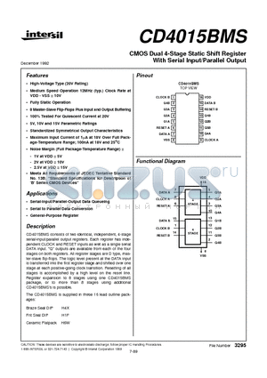 CD4015BMS datasheet - CMOS Dual 4-Stage Static Shift Register With Serial Input/Parallel Output