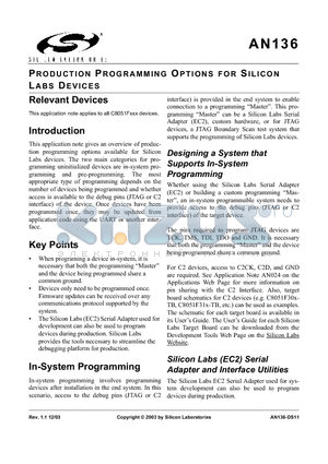 AN136 datasheet - PRODUCTION PROGRAMMING OPTIONS FOR SILICON LABS DEVICES