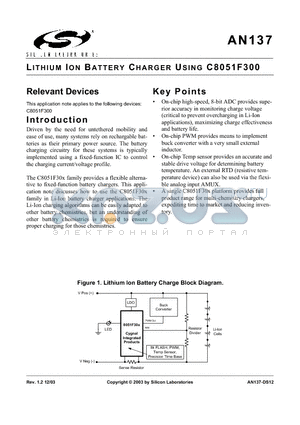 AN137 datasheet - LITHIUM ION BATTERY CHARGER USING C8051F300