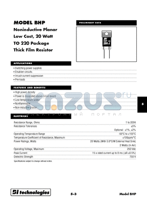 BHP datasheet - Noninductive Planar Low Cost, 20 Watt TO 220 Package Thick Film Resistor