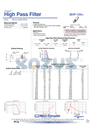 BHP-100 datasheet - High Pass Filter 50Y 90 to 2000 MHz