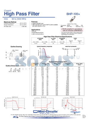 BHP-100+ datasheet - High Pass Filter 50Y 90 to 2000 MHz