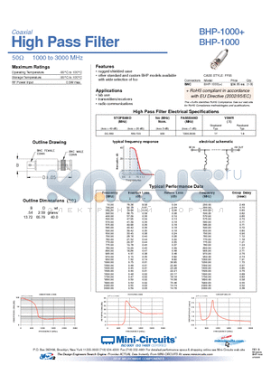 BHP-1000 datasheet - High Pass Filter 50Y 1000 to 3000 MHz