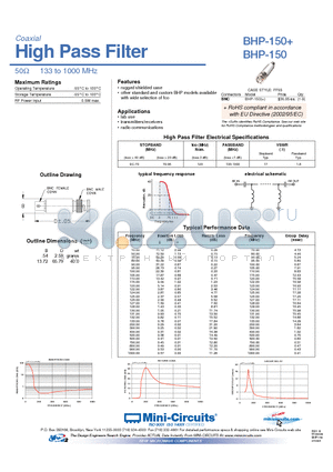 BHP-150 datasheet - High Pass Filter 50Y 133 to 1000 MHz