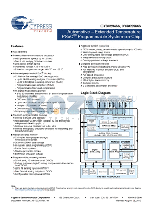 CY8C29466-12PVXE datasheet - Automotive . Extended Temperature PSoC^ Programmable System-on-Chip