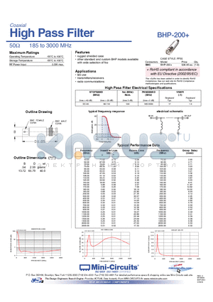 BHP-200 datasheet - High Pass Filter 50Y 185 to 3000 MHz