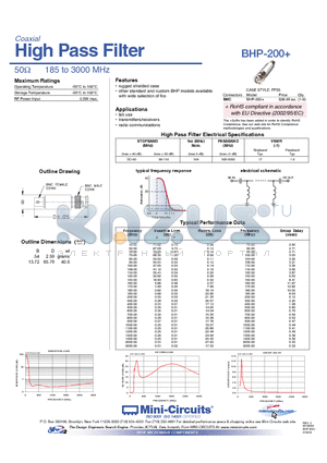 BHP-200+ datasheet - High Pass Filter 50Y 185 to 3000 MHz