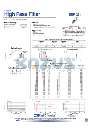 BHP-25 datasheet - High Pass Filter 50Y 27.5 to 800 MHz