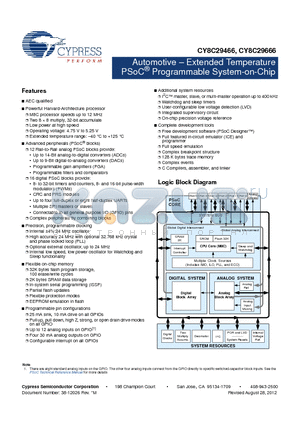 CY8C29466-12PVXET datasheet - Automotive . Extended Temperature PSoC^ Programmable System-on-Chip