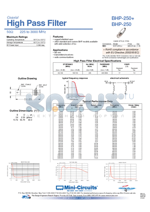 BHP-250 datasheet - High Pass Filter 50Y 225 to 3000 MHz