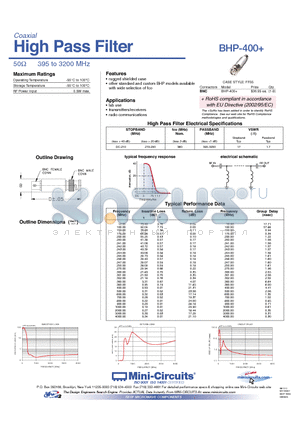 BHP-400 datasheet - High Pass Filter 50Y 395 to 3200 MHz