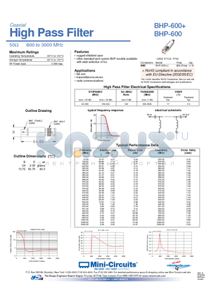 BHP-600 datasheet - High Pass Filter 50Y 600 to 3000 MHz