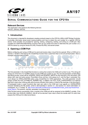 AN197 datasheet - SERIAL COMMUNICATIONS GUIDE FOR THE CP210X