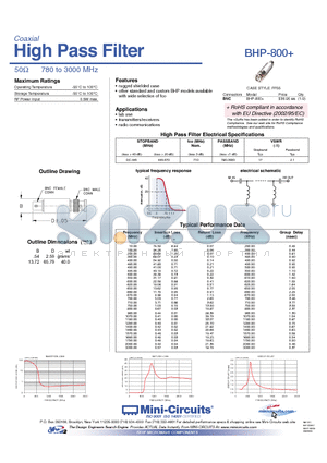 BHP-800+ datasheet - High Pass Filter 50Y 780 to 3000 MHz