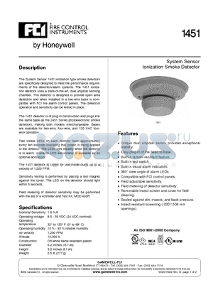 1451 datasheet - System Sensor Ionization Smoke Detector