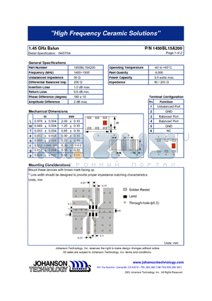 1450BL15A200 datasheet - 1.45 GHz Balun