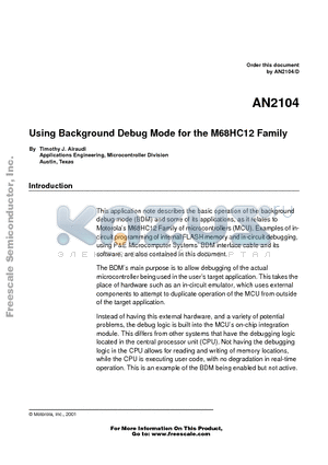 AN2104 datasheet - Using Background Debug Mode for the M68HC12 Family