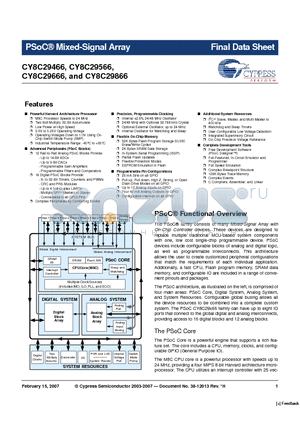 CY8C29666 datasheet - PSoC^ Mixed-Signal Array